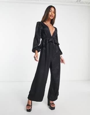 Only Frill Detail Jacquard Jumpsuit In Black Houndstooth