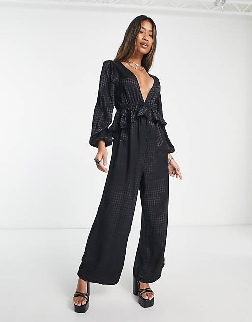 Only frill detail jacquard jumpsuit in black houndstooth