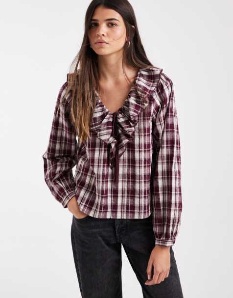 ONLY frill detail shirt in burgundy check - view 1