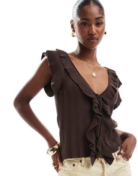 ONLY frill detail tie front top in chocolate brown - view 1