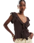 [ONLY] ONLY frill detail tie front top in chocolate brown 8 BROWN