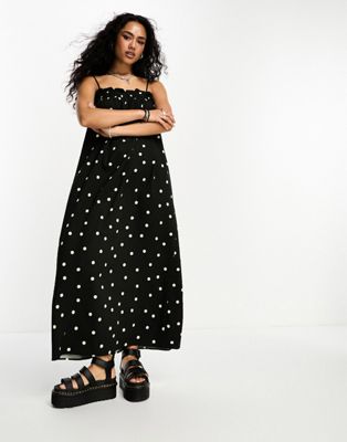 Only frill detail trapeze maxi cami dress in black and white spot