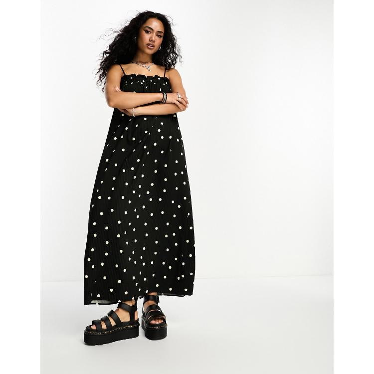 Only frill detail trapeze maxi cami dress in black and white spot