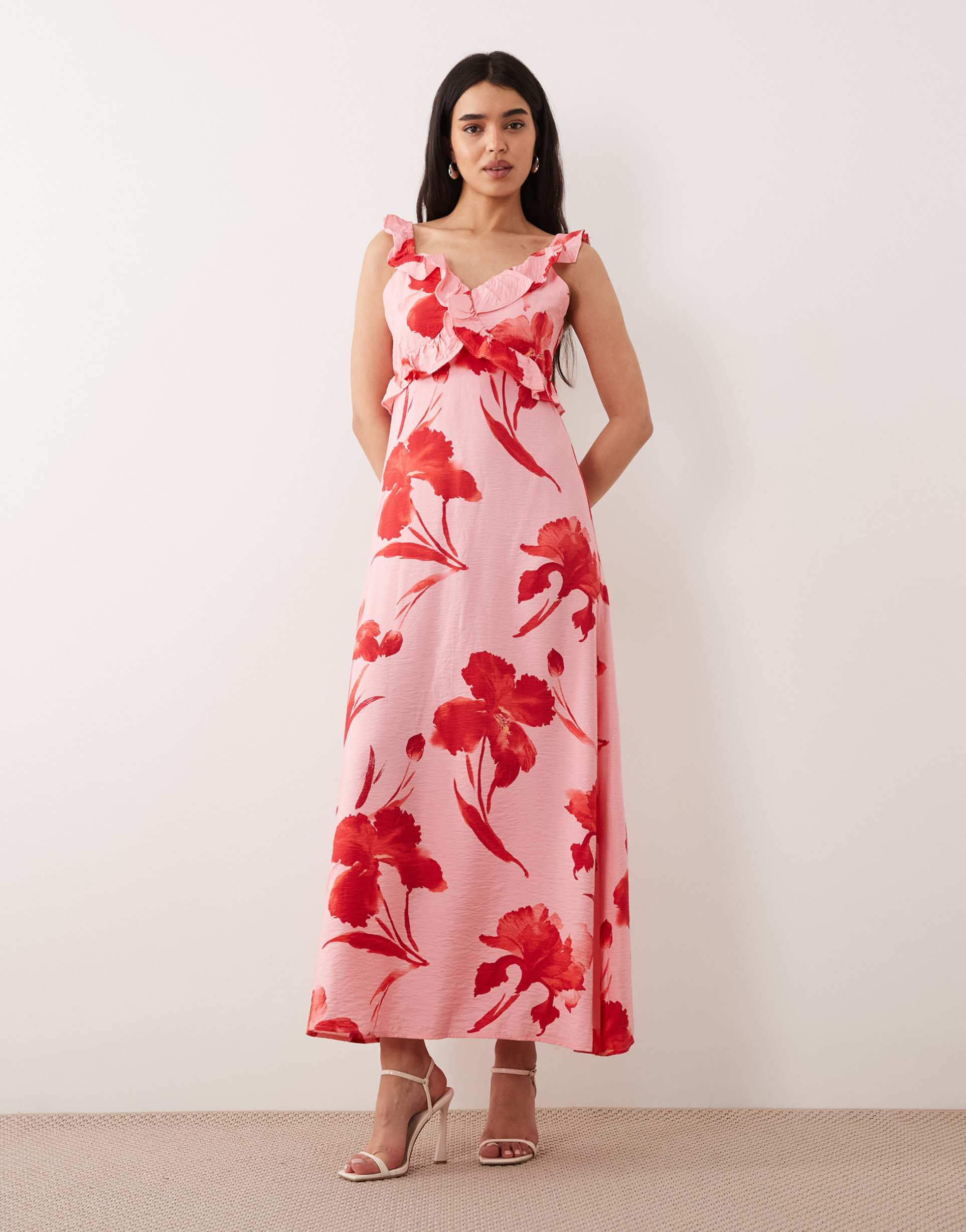 only frill detailing maxi dress in pink floral print