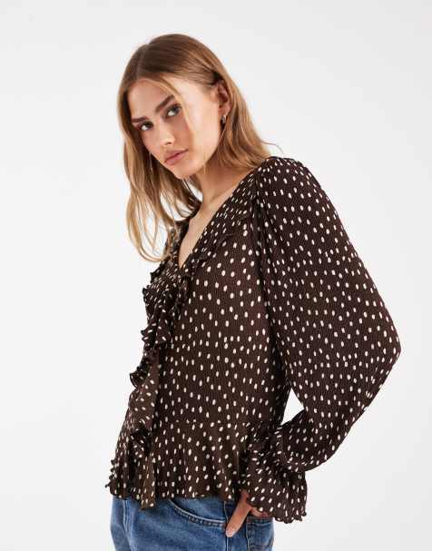ONLY frill details blouse in brown polka dot - view 1