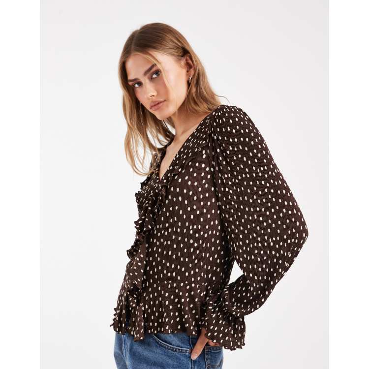 ONLY frill details blouse in brown polka dot | ASOS