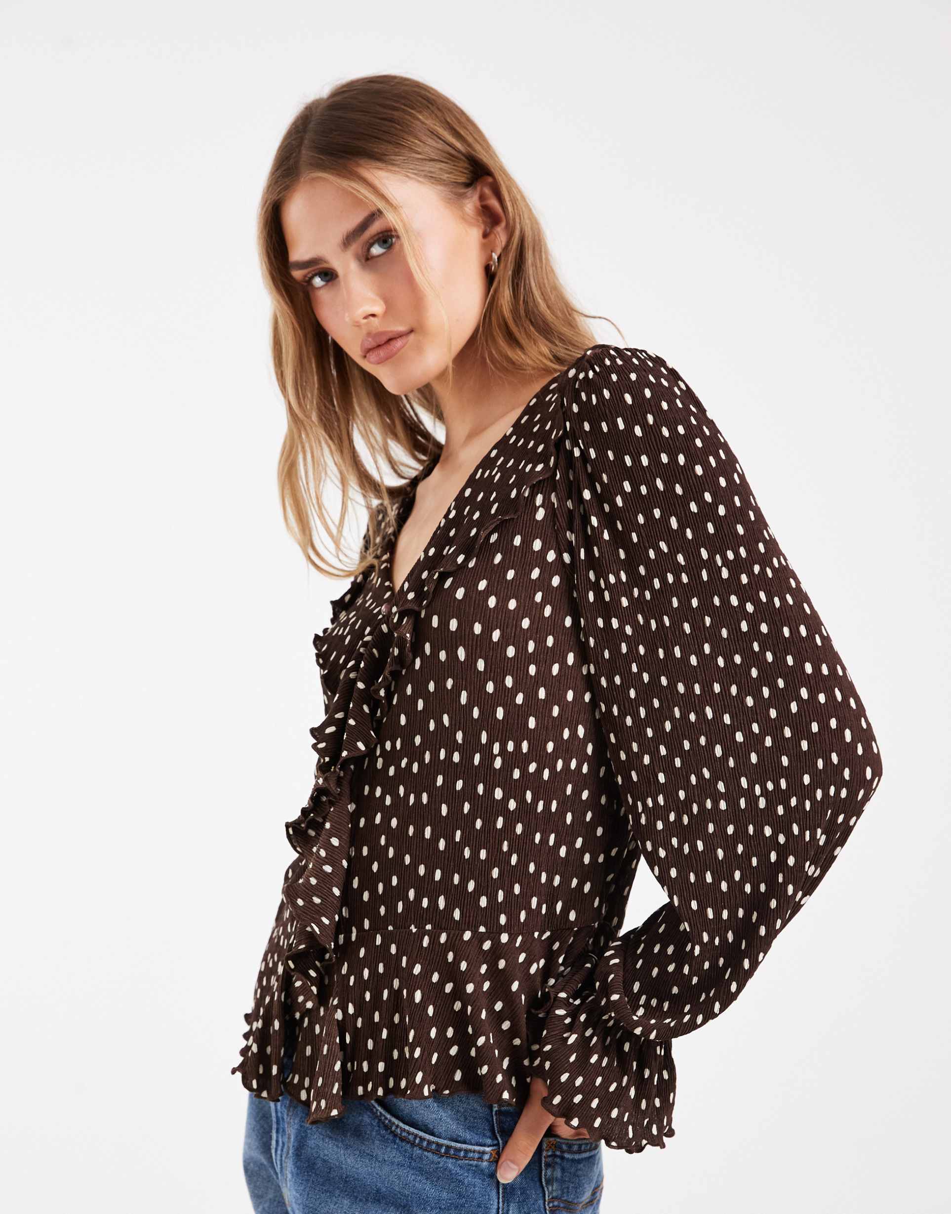 only frill details blouse in brown polka dot
