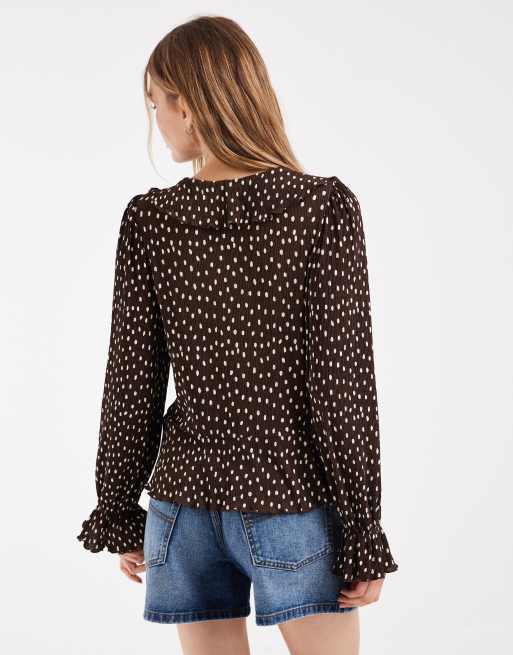 ONLY frill details blouse in brown polka dot | ASOS