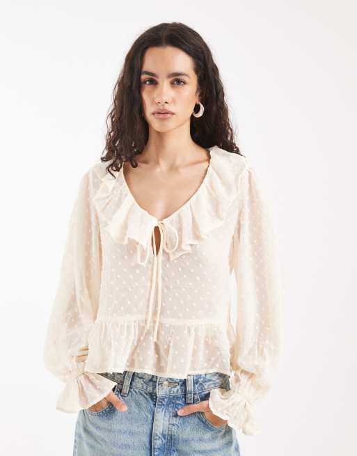 ONLY frill details textured blouse in white, 2 of 4
