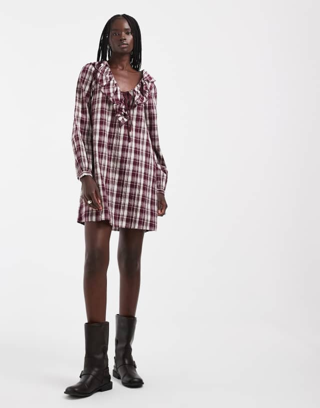 ONLY frill neckline mini dress in burgundy checks | ASOS