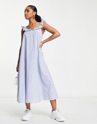 Only frill strap midi dress in white and blue stripe