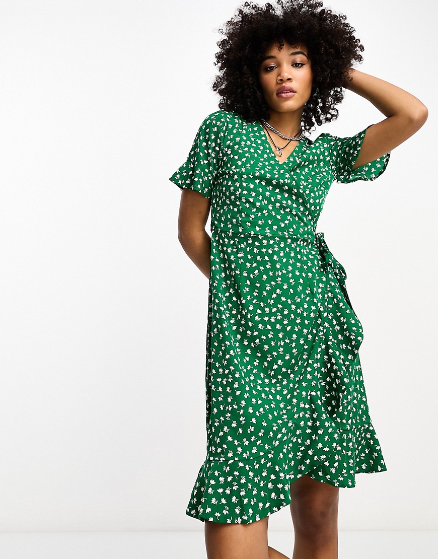 ONLY frill wrap mini dress in green ditsy floral
