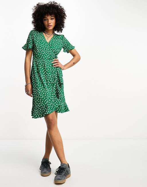 Petite Green Ditsy Floral Short Sleeve Mini Dress