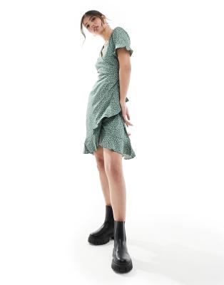 Only Frill Wrap Mini Dress In Green Spot