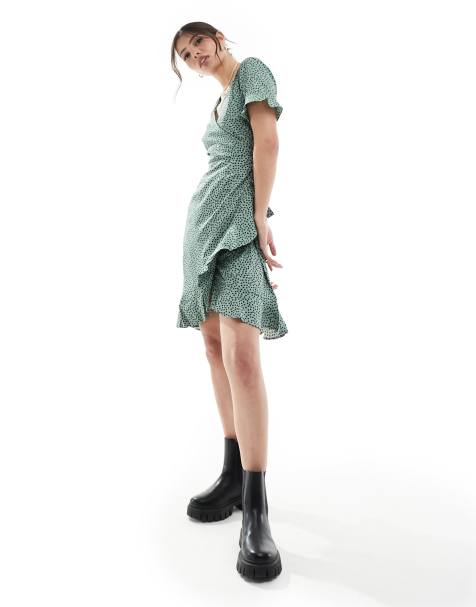 ONLY frill wrap mini dress in green spot - view 1