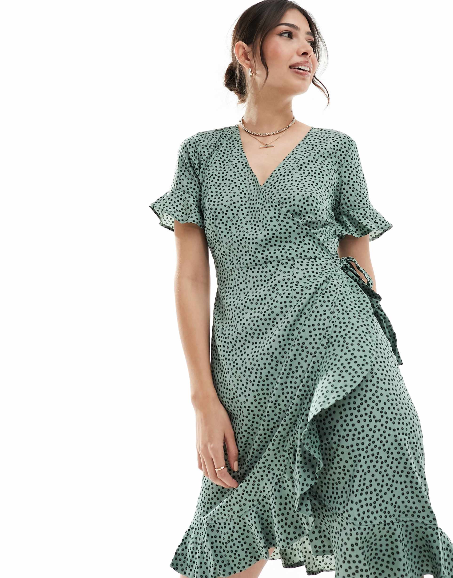 only frill wrap mini dress in green spot