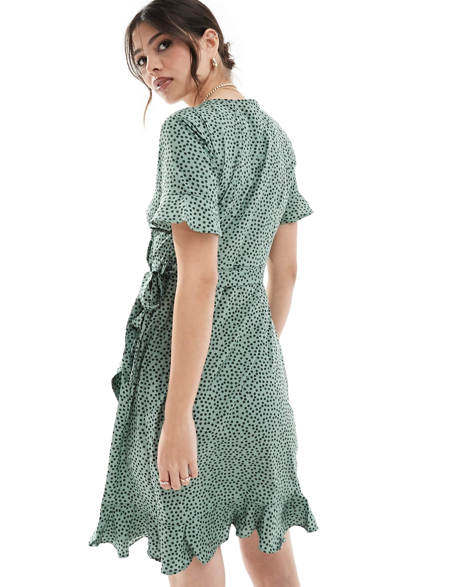 only frill wrap mini dress in green spot