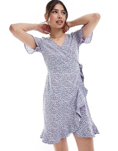 ONLY frill wrap mini dress in lilac ditsy floral  - view 1