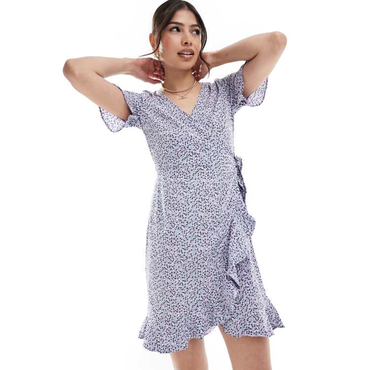 Only frill wrap mini dress in lilac ditsy floral