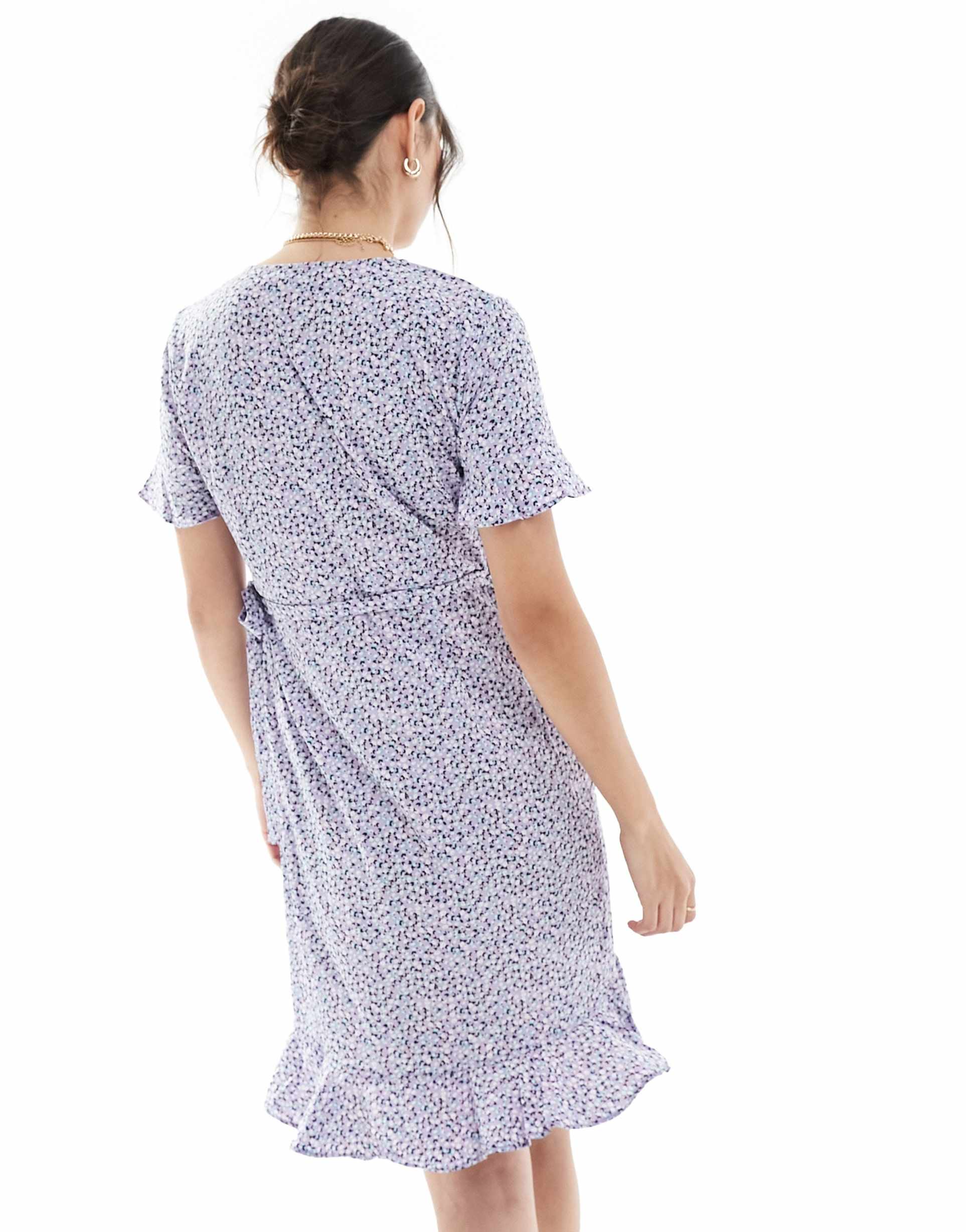 only frill wrap mini dress in lilac ditsy floral