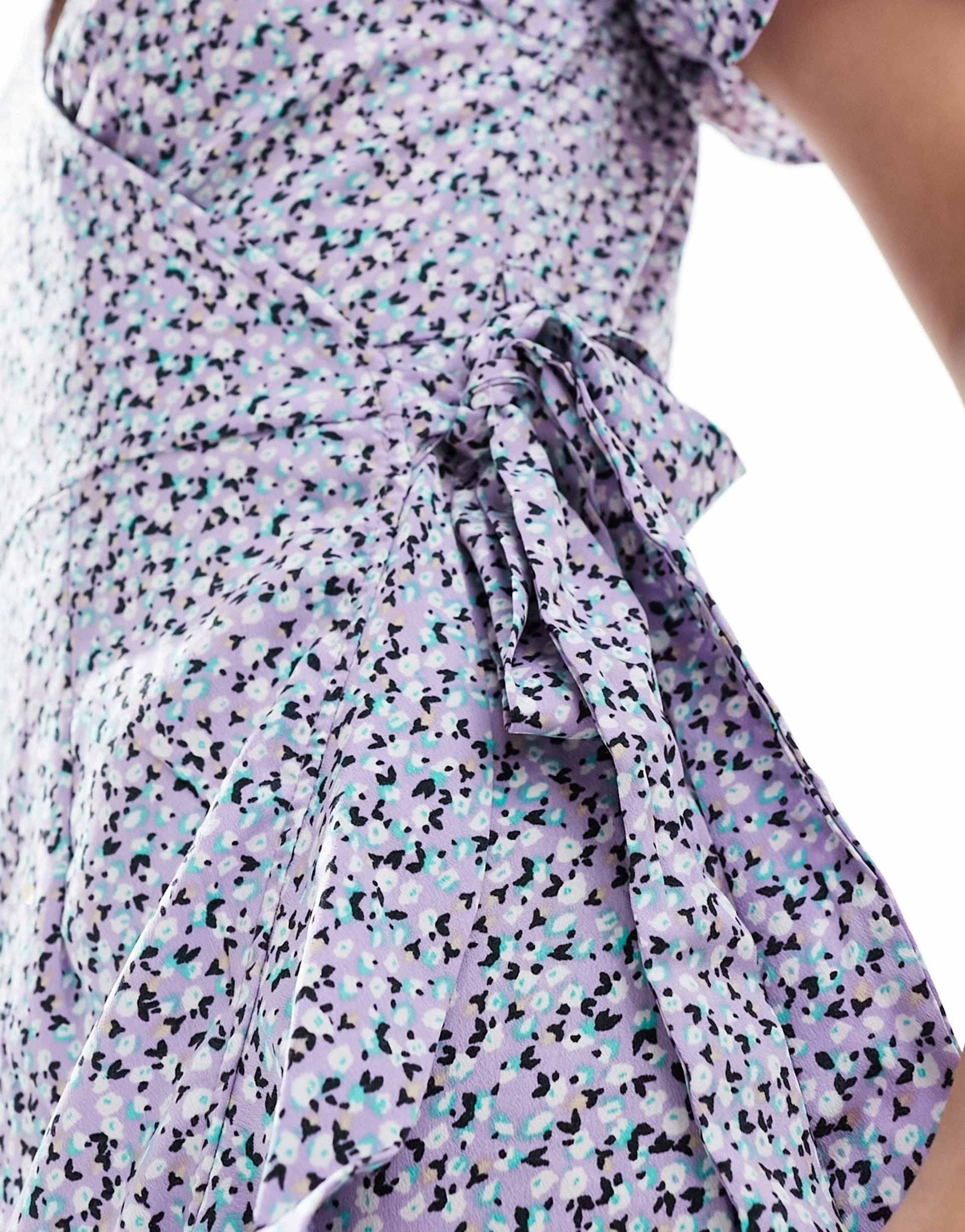 only frill wrap mini dress in lilac ditsy floral