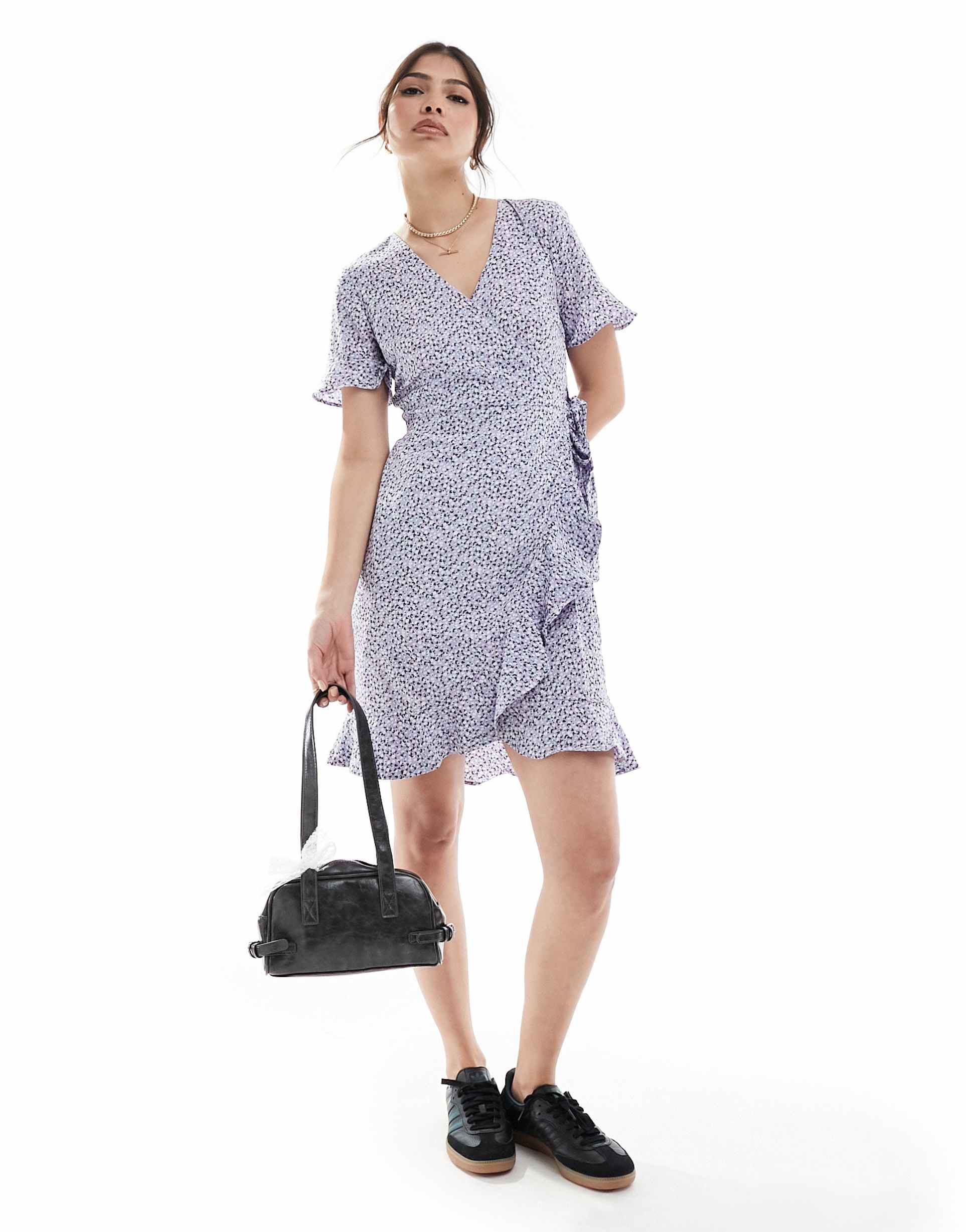 only frill wrap mini dress in lilac ditsy floral