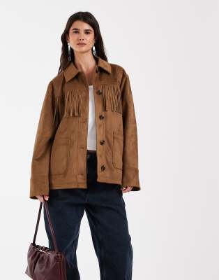Only Fringed Detailing Faux Suede Jacket In Brown