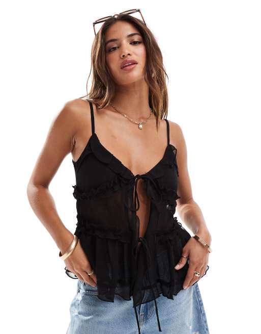 ONLY fron tie frill top in black