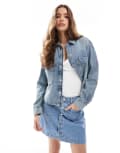 [ONLY] ONLY front pocket oversized denim shirt in light blue 16 Light Blue Denim