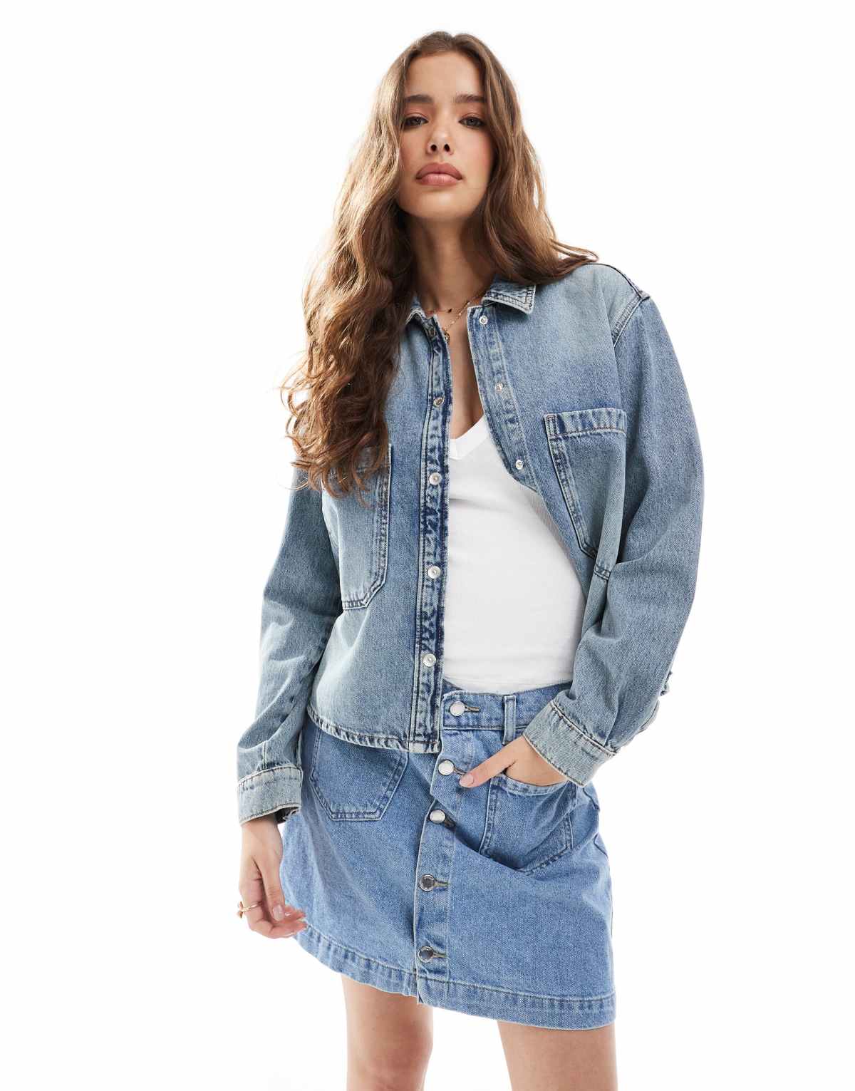 ONLY front pocket oversized denim shirt in light blue