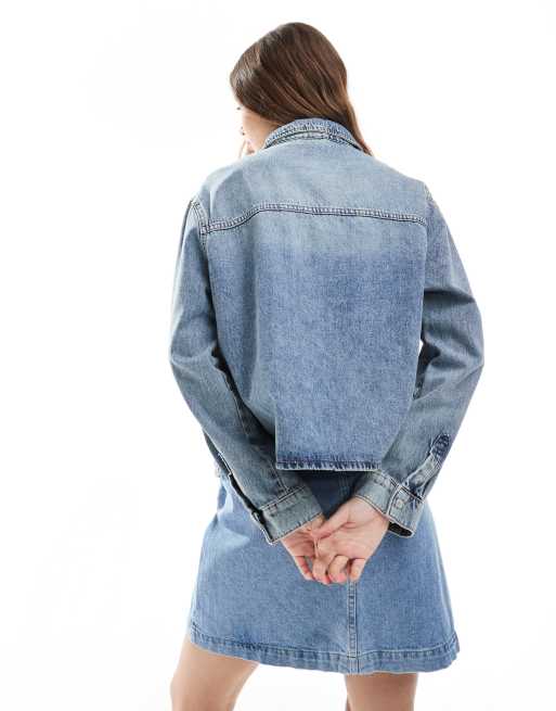 ONLY front pocket oversized denim shirt in light blue
