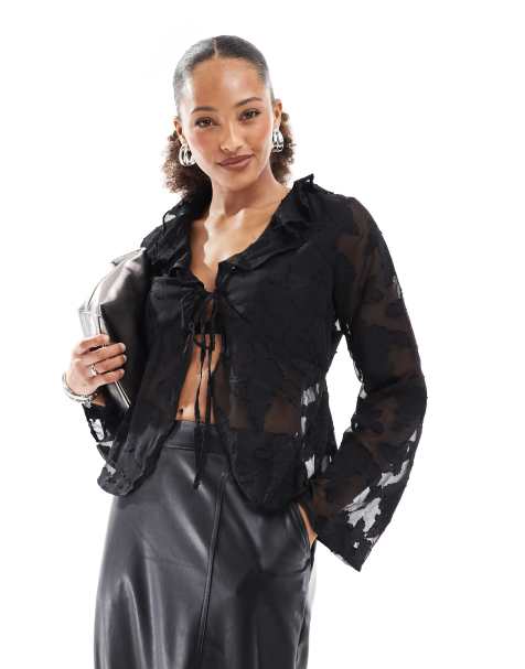 ONLY front tie sheer top with embroidery details  in black - view 1