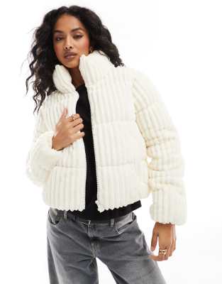 funnel neck corduroy puffer jacket in white