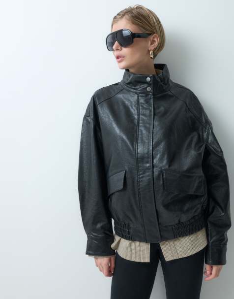 ONLY funnel neck faux leather bomber jacket in black - view 1