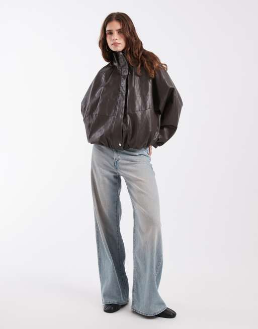 ONLY funnel neck faux leather bomber jacket in dark brown, 2 of 4