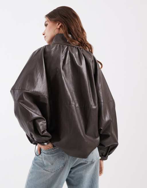 ONLY funnel neck faux leather bomber jacket in dark brown, 4 of 4
