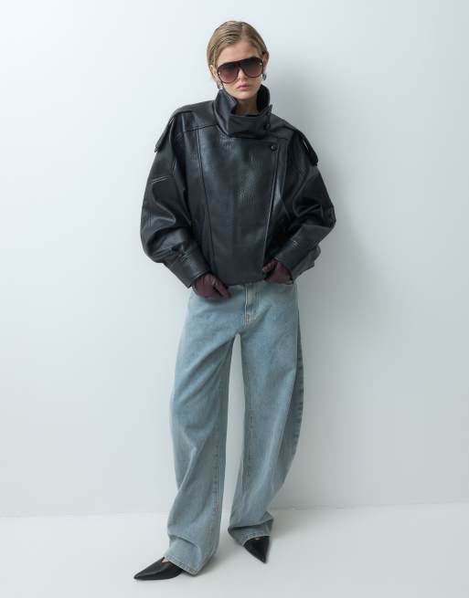 ONLY funnel neck faux leather jacket in black, 2 of 5