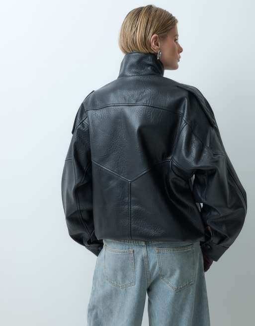 ONLY funnel neck faux leather jacket in black, 4 of 5