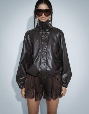 Only Funnel Neck Faux Leather Jacket In Brown