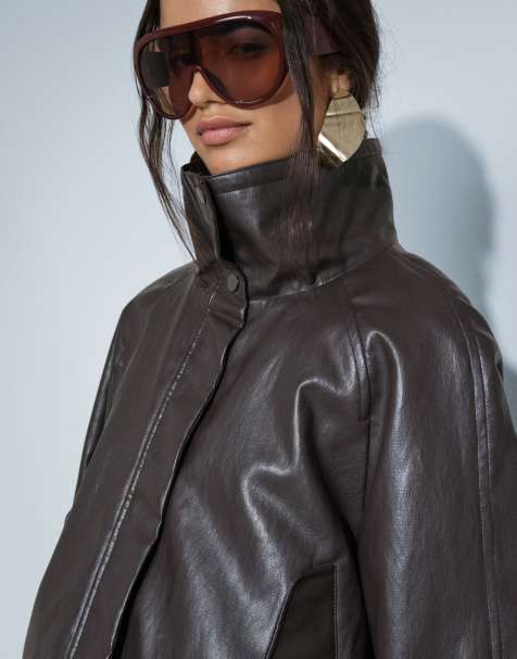 ONLY funnel neck faux leather jacket in washed dark brown - view 1
