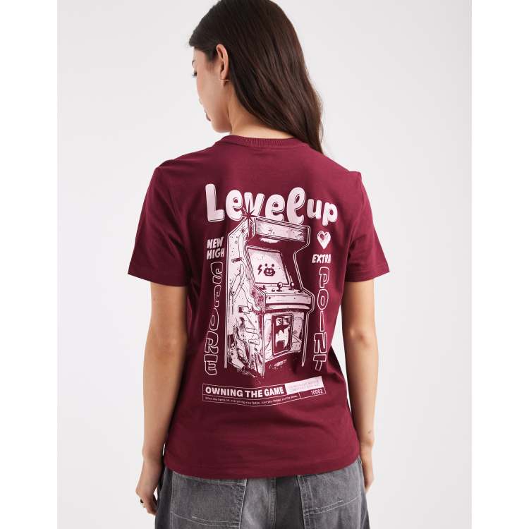 ONLY games graphic back print boxy t-shirt in burgundy | ASOS