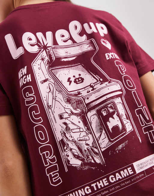 ONLY games graphic back print boxy t-shirt in burgundy, 4 of 4