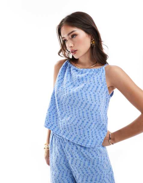 ONLY - Geborduurde camitop in blauw, deel van co-ord set - view 1