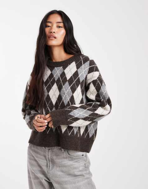 ONLY - Geborstelde gebreide trui met Argyle-patroon in bruin - view 1