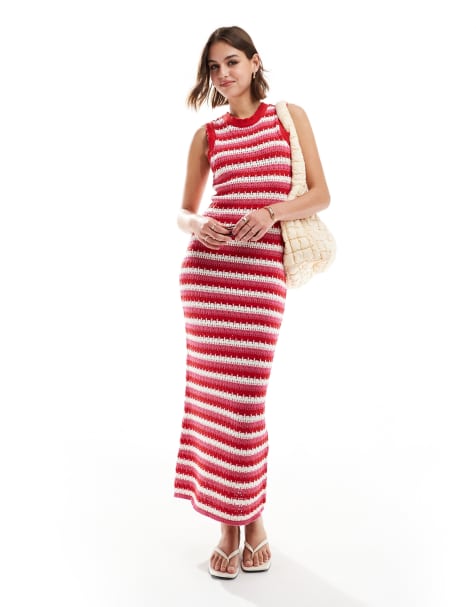 ONLY - Gebreide, gestreepte maxi strandjurk in rood en wit - view 1