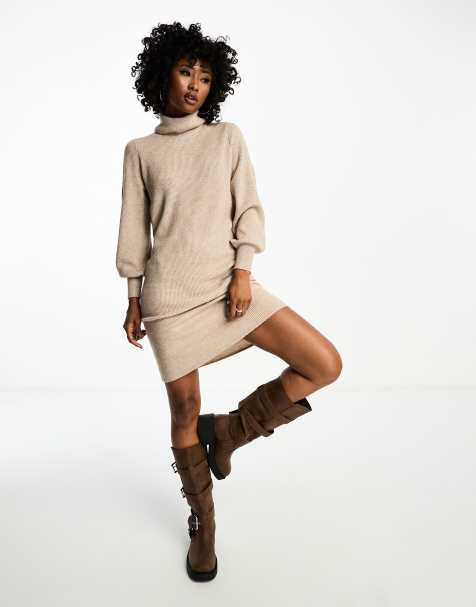 Only - Gebreide midi coltrui-jurk met pofmouwen in beige - view 1