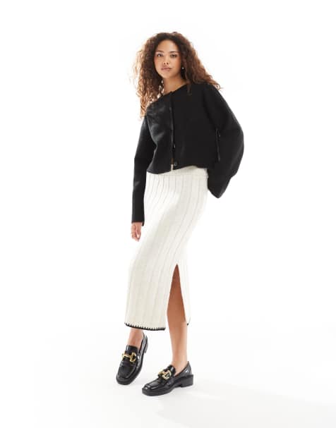 ONLY - Gebreide midi rok met contrasterende rand in stone - view 1