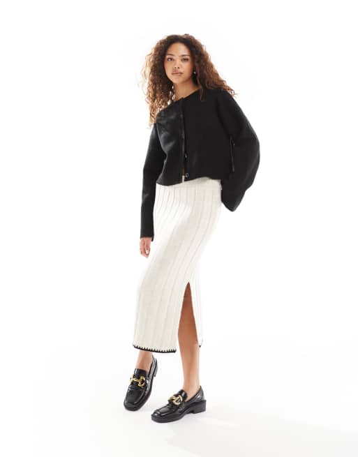 ONLY - Gebreide midi rok met contrasterende rand in stone