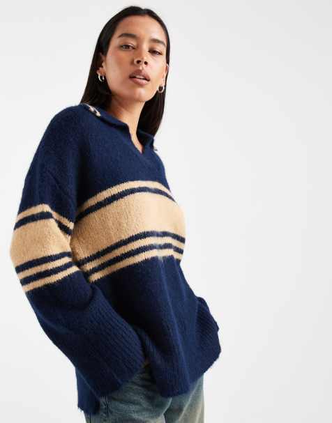 ONLY - Gebreide polo met strepen en open hals in marineblauw - view 1