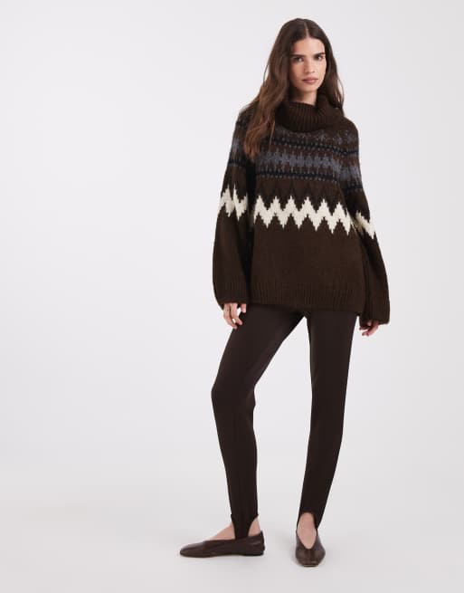 ONLY gebreide trui met hoge hals in chocoladebruin Fair Isle, 2 van 4